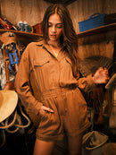 WOMEN'S LONG SLEEVE ZIP UP POCKETS ELASTIC WAIST ROMPER