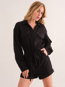 WOMEN'S LONG SLEEVE ZIP UP POCKETS ELASTIC WAIST ROMPER