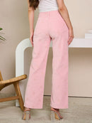 WOMEN'S BUTTON CLOSURE WIDE LEG PRINT CORDUROY PANTS