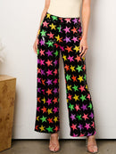WOMEN'S ELASTIC WAIST SEQUINS STARS PRINT WIDE LEG PANTS