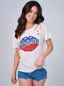 WOMEN'S SHORT SLEEVE GRAPHIC DISTRESS TOP