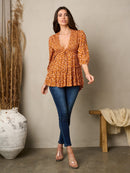 WOMEN'S 3/4 SLEEVES V-NECK HIGH-LOW FLORAL TUNIC TOP