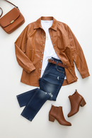 Open Your Heart Rust Vegan Leather Snap Button Shacket (Open Pack)