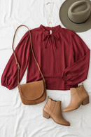 Feeling Femme Off Burgundy Frilled Edge V Neck Tie Top (Open Pack)