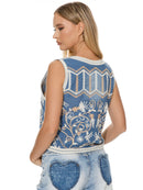 WOMEN'S SLEEVELESS V-NECK BUTTON UP EMBROIDERY DENIM VEST