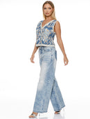 WOMEN'S SLEEVELESS V-NECK BUTTON UP EMBROIDERY DENIM VEST