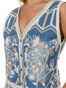 WOMEN'S SLEEVELESS V-NECK BUTTON UP EMBROIDERY DENIM VEST
