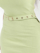 WOMEN'S SLEEVELESS SIDE SLIT BELTED RIBBED BODYCON MIDI DRESS