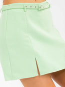 WOMEN'S ZIPPER CLOSURE FRONT SLITS BELTED MINI SKORT