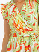 WOMEN'S RUFFLE SLEEVE SURPLICE ELASTIC WAIST PRINT MAXI DRESS