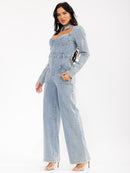WOMEN'S LONG SLEEVE ZIP UP POCKETS DENIM WIDE LEG JUMPSUIT