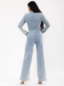 WOMEN'S LONG SLEEVE ZIP UP POCKETS DENIM WIDE LEG JUMPSUIT