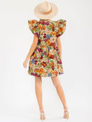 WOMEN'S RUFFLE SLEEVES SQUARE NECK FLORAL PRINT MINI DRESS