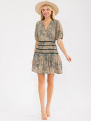WOMEN'S SHORT SLEEVES SURPLICE WAIST DETAILED MULTI PRINT MINI DRESS