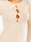 WOMEN'S LONG SLEEVE FRONT DETAILED RIBBED BODYCON MINI DRESS