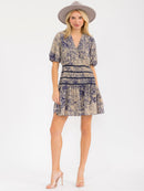 WOMEN'S SHORT SLEEVES SURPLICE WAIST DETAILED MULTI PRINT MINI DRESS