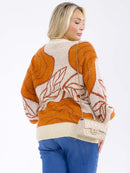 PLUS SIZE LONG SLEEVE LEAF PRINT SEQUINS PULLOVER KNIT SWEATER