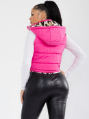 WOMEN'S ZIPPER CLOSURE FRONT POCKETS REMOVABLE HOODIE SHERPA ANIMAL PRINT REVERSIBLE VEST