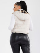 WOMEN'S ZIPPER CLOSURE FRONT POCKETS REMOVABLE HOODIE SHERPA ANIMAL PRINT REVERSIBLE VEST