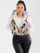 WOMEN'S ZIPPER CLOSURE FRONT POCKETS REMOVABLE HOODIE SHERPA ANIMAL PRINT REVERSIBLE VEST