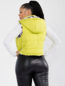 WOMEN'S ZIPPER CLOSURE FRONT POCKETS REMOVABLE HOODIE SHERPA ANIMAL PRINT REVERSIBLE VEST