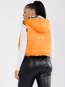 WOMEN'S ZIPPER CLOSURE FRONT POCKETS REMOVABLE HOODIE SHERPA ANIMAL PRINT REVERSIBLE VEST