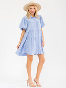 WOMEN'S SHORT SLEEVE BUTTON UP TIERED LOOSE FIT MINI DRESS