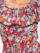 WOMEN'S RUFFLE SLEEVE ELASTIC WAIST TIERED FLORAL MAXI DRESS