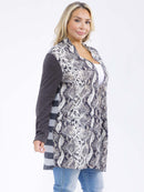 PLUS SIZE LONG SLEEVE OPEN FRONT POCKETS ANIMAL PRINT STRIPES CARDIGAN