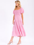 WOMEN'S SHORT PUFF SLEEVE SQUARE NECK SMOCK TIERED MAXI DRESS