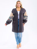 PLUS SIZE LONG SLEEVE OPEN FRONT POCKETS CAMO PRINT CARDIGAN