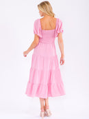 WOMEN'S SHORT PUFF SLEEVE SQUARE NECK SMOCK TIERED MAXI DRESS