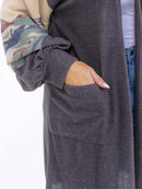 PLUS SIZE LONG SLEEVE OPEN FRONT POCKETS CAMO PRINT CARDIGAN