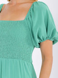 WOMEN'S SHORT PUFF SLEEVE SQUARE NECK SMOCK TIERED MAXI DRESS