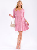 WOMEN'S 3/4 SLEEVE BUTTON UP LOOSE FIT TIERED MINI DRESS