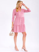 WOMEN'S 3/4 SLEEVE BUTTON UP LOOSE FIT TIERED MINI DRESS