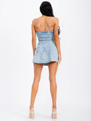 WOMEN'S SLEEVELESS FRONT BELT DETAILED DENIM TUBE MINI DRESS