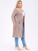 PLUS SIZE LONG SLEEVE OPEN FRONT POCKETS CARDIGAN