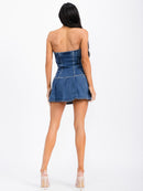 WOMEN'S SLEEVELESS FRONT BELT DETAILED DENIM TUBE MINI DRESS