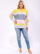 PLUS SIZE LONG SLEEVE V-NECK COLORBLOCK KNIT PULLOVER SWEATER