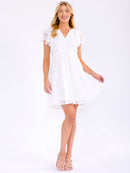 WOMEN'S SHORT RUFFLE SLEEVE V-NECK BUTTON UP DETAILED MINI DRESS