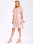 WOMEN'S SHORT SLEEVE LOOSE FIT TRIM DETAILED SWISS MINI DRESS