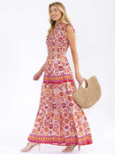 WOMEN'S SLEEVELESS MOCK NECK ELASTIC WAIST TIERED MULTI PRINT MAXI DRESS