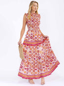 WOMEN'S SLEEVELESS MOCK NECK ELASTIC WAIST TIERED MULTI PRINT MAXI DRESS