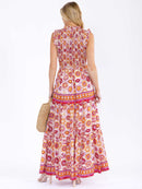 WOMEN'S SLEEVELESS MOCK NECK ELASTIC WAIST TIERED MULTI PRINT MAXI DRESS