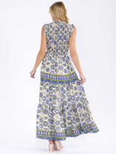 WOMEN'S SLEEVELESS MOCK NECK ELASTIC WAIST TIERED MULTI PRINT MAXI DRESS