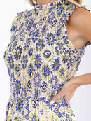 WOMEN'S SLEEVELESS MOCK NECK ELASTIC WAIST TIERED MULTI PRINT MAXI DRESS