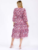 WOMEN'S 3/4 SLEEVE V-NECK ELASTIC WAIST TIERED FLORAL MIDI DRESS