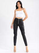 WOMEN'S BUTTON CLOSURE POCKETS SKINNY LEG STRETCH PANTS