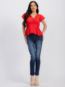 WOMEN'S SHORT SLEEVE SURPLICE SELF TIE PEPLUM WRAP BLOUSE